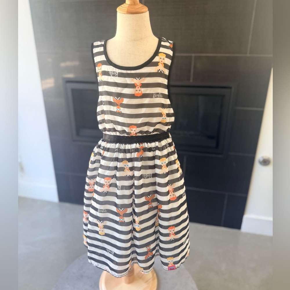Barbie Black and White Striped Kids Dress with Cute Prints